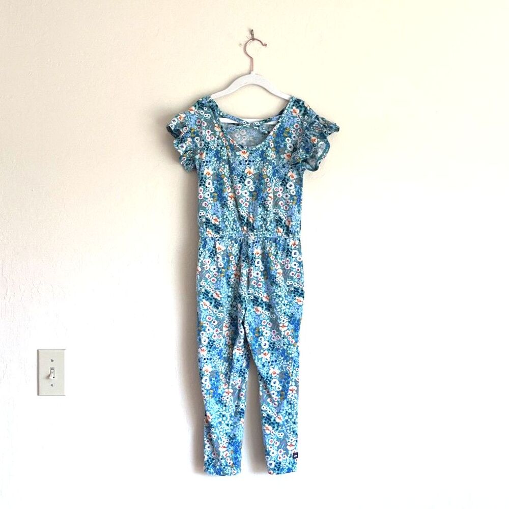 Tea Collection Girls Size 5 Teal Floral Ruffle Sleeve Cotton Jumpsuit
